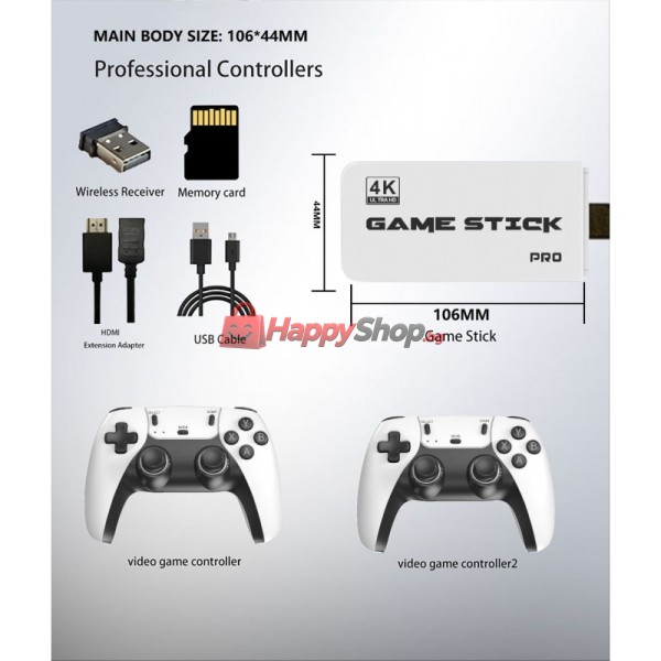 Безжична ретро конзола Game Stick PRO 30 000 видео игри, 64 GB, 2x безжичен контролер 4K Ultra Game